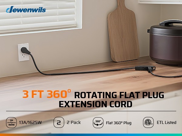 DEWENWILS 2-Pack 3FT Extension Cord 360° Swivel Plug 13A 1625W ETL Listed Indoor gallery