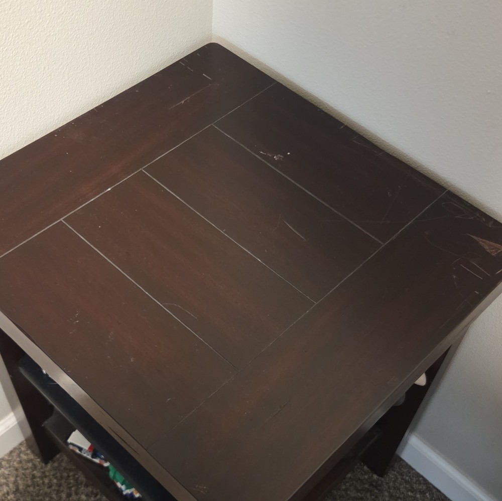Dark Brown Solid Wood Square End Side Table w/ Storage Shelf 23in H 20x18