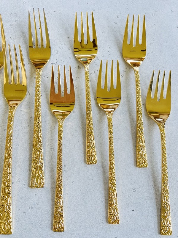 13 Pc Gold Tone Electroplated Stainless Flatware Rose Floral Japan Forks Knives gallery