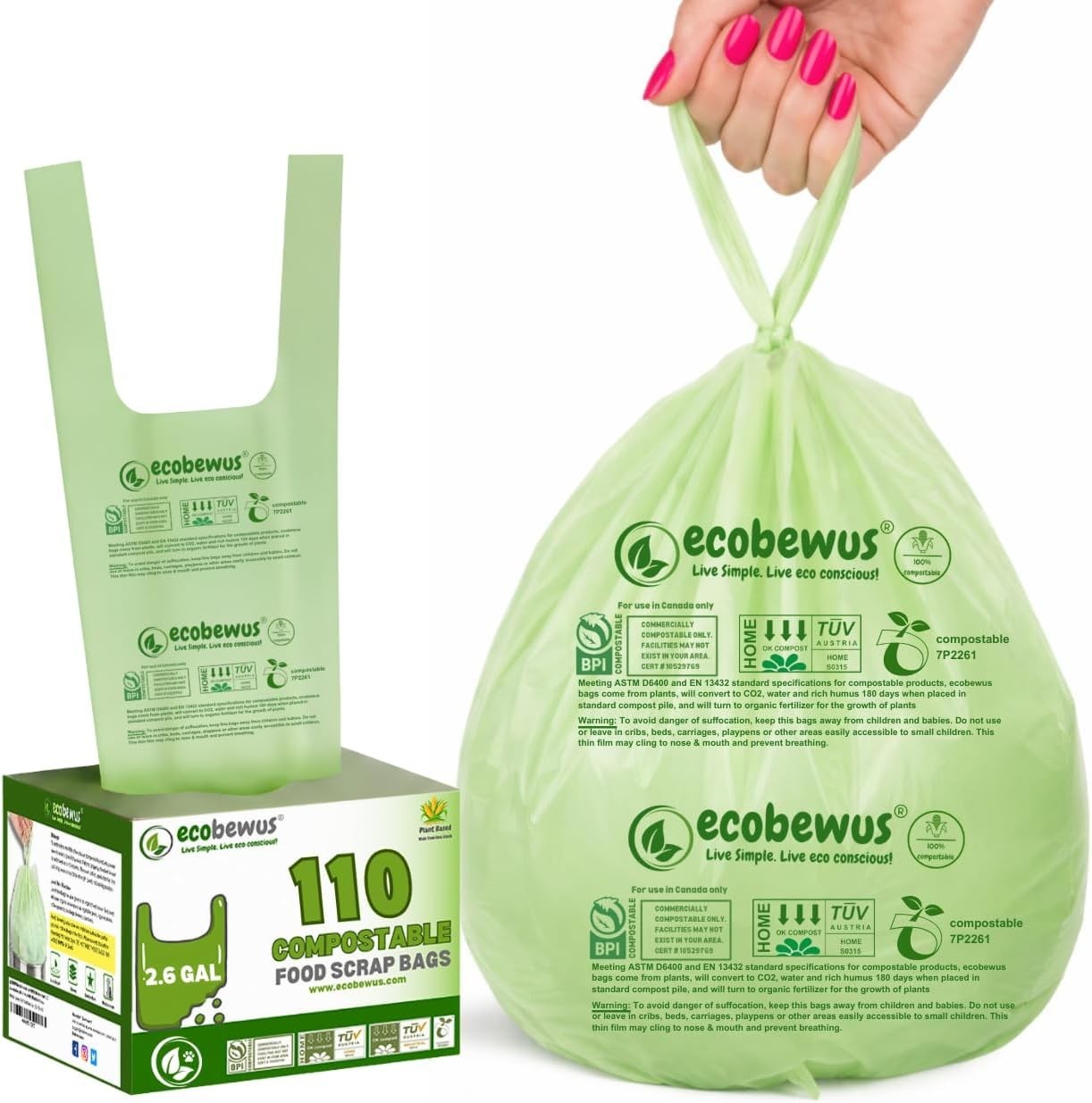 2.6 Gallon 100% Compostable Small Bags with Handle Tie BPI certified (110 Bags) gallery