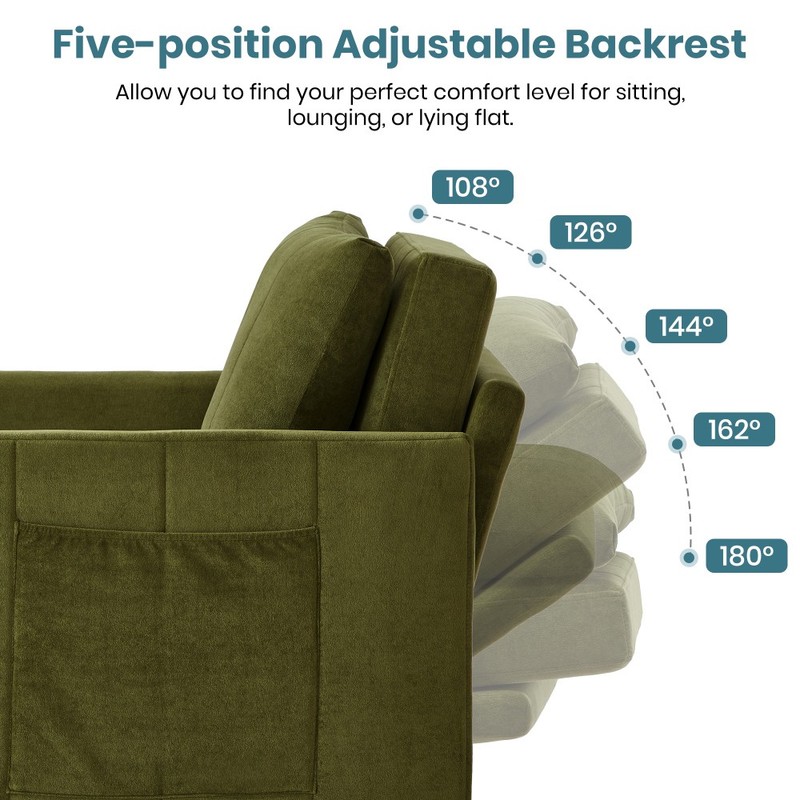 Convertible sofa bed W 5 position adjustable backrest and side storage pockets gallery