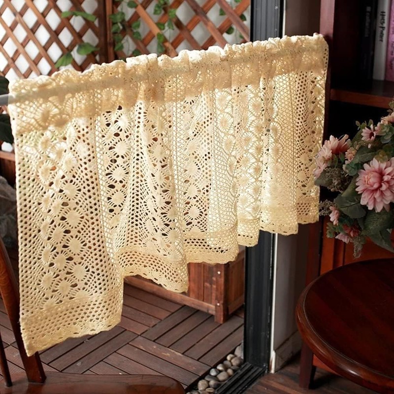 Rustic Boho Curtain Valance for Kitchen Window Farmhouse Handmade Crochet Cur... gallery