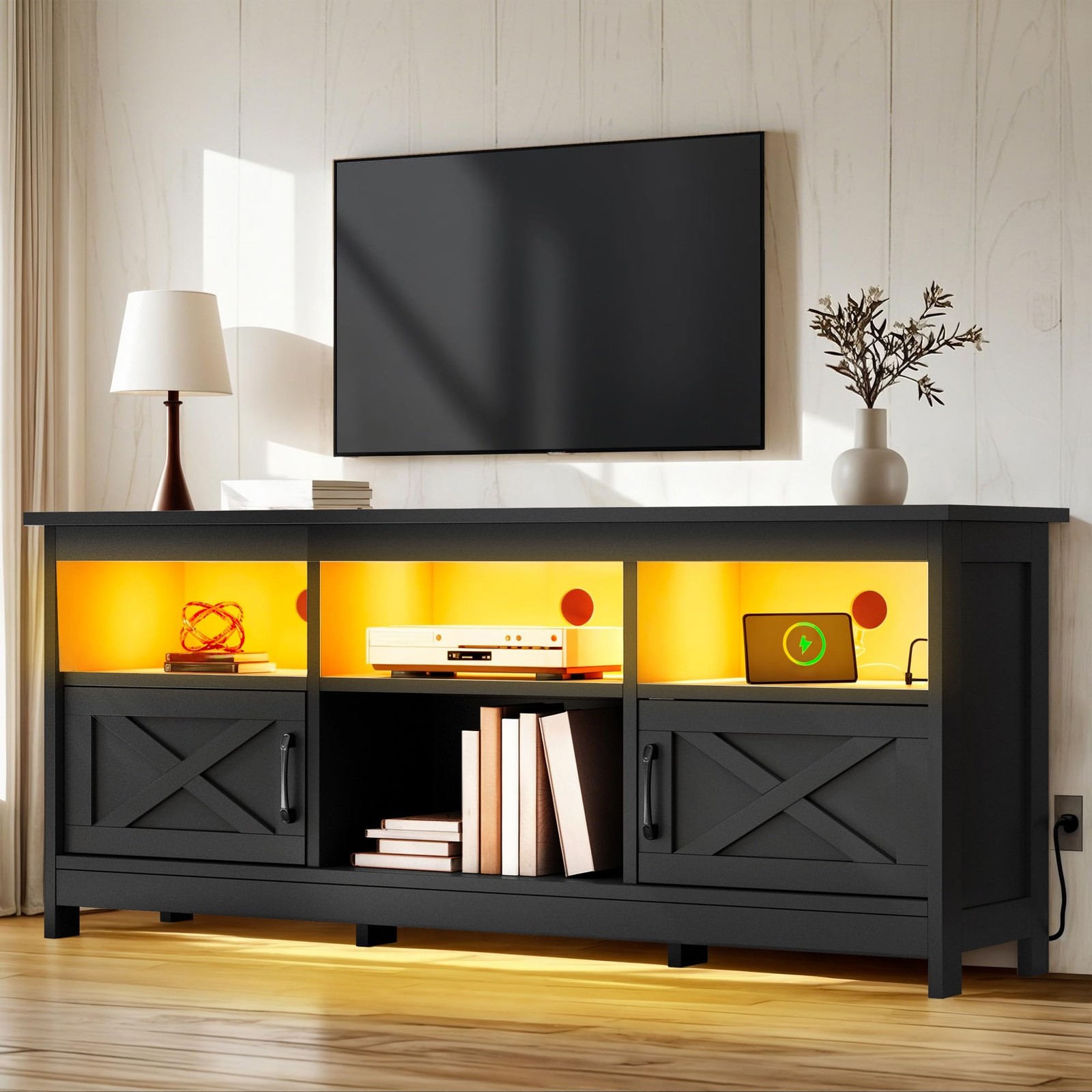 TV Stand 65 Inch Entertainment Center Storage Power Outlet LED Black YITAHOME gallery