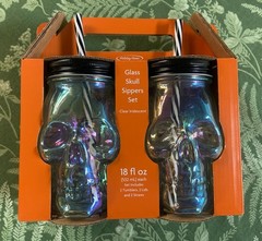 Glass Skull Sipper Set Clear Iridescent 18oz NIP