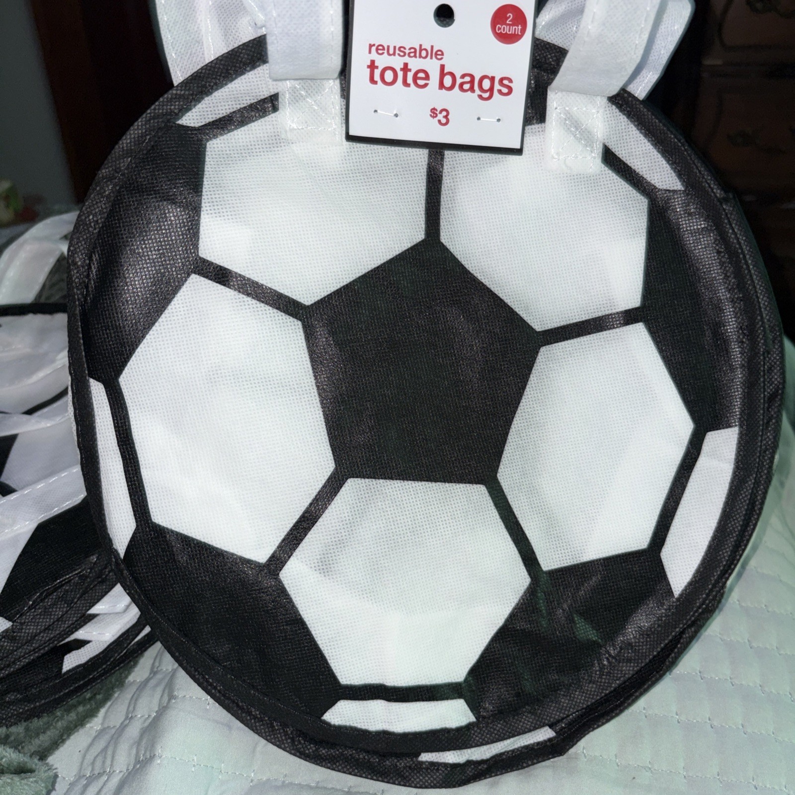 2 Count Reusable Plastic Tote Bags. Soccer Ball Shaped. Double Carrying Handles gallery