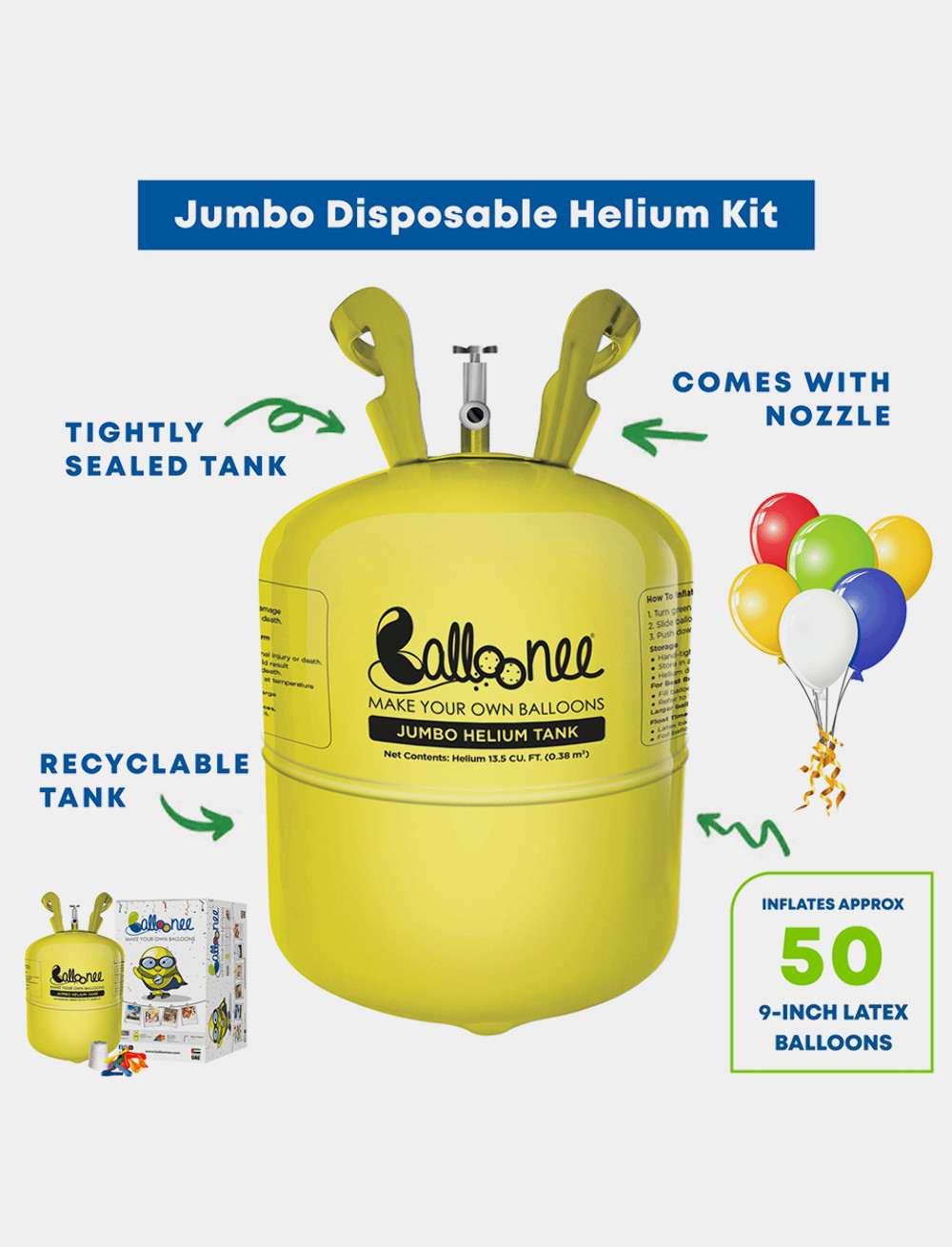 Balloonee Jumbo Helium Party Kit Cylinder, Pack of 2, 14.9 Cu Ft Helium Tank gallery