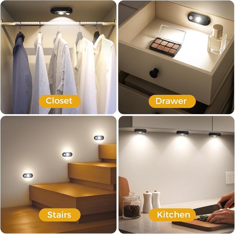 4 Pack LED Motion Sensor Puck Lights Rechargeable Under Cabinet Dimmable Lights gallery