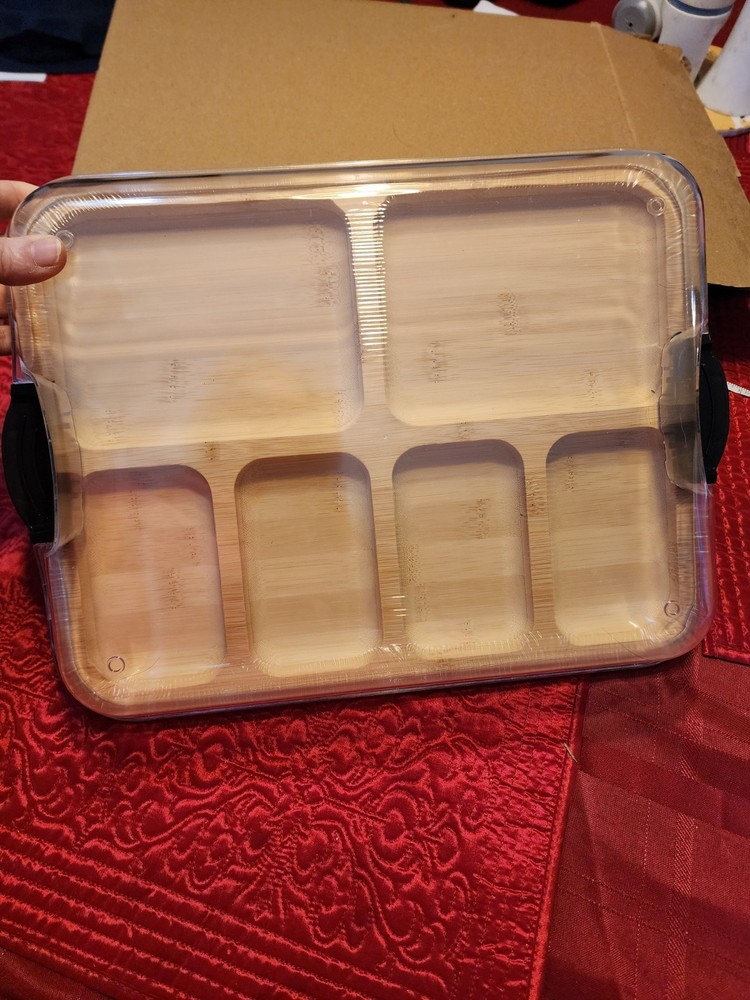 Acrylic Snack Tray with Base, Bamboo Tray with Clear Acrylic Cover, New In Box