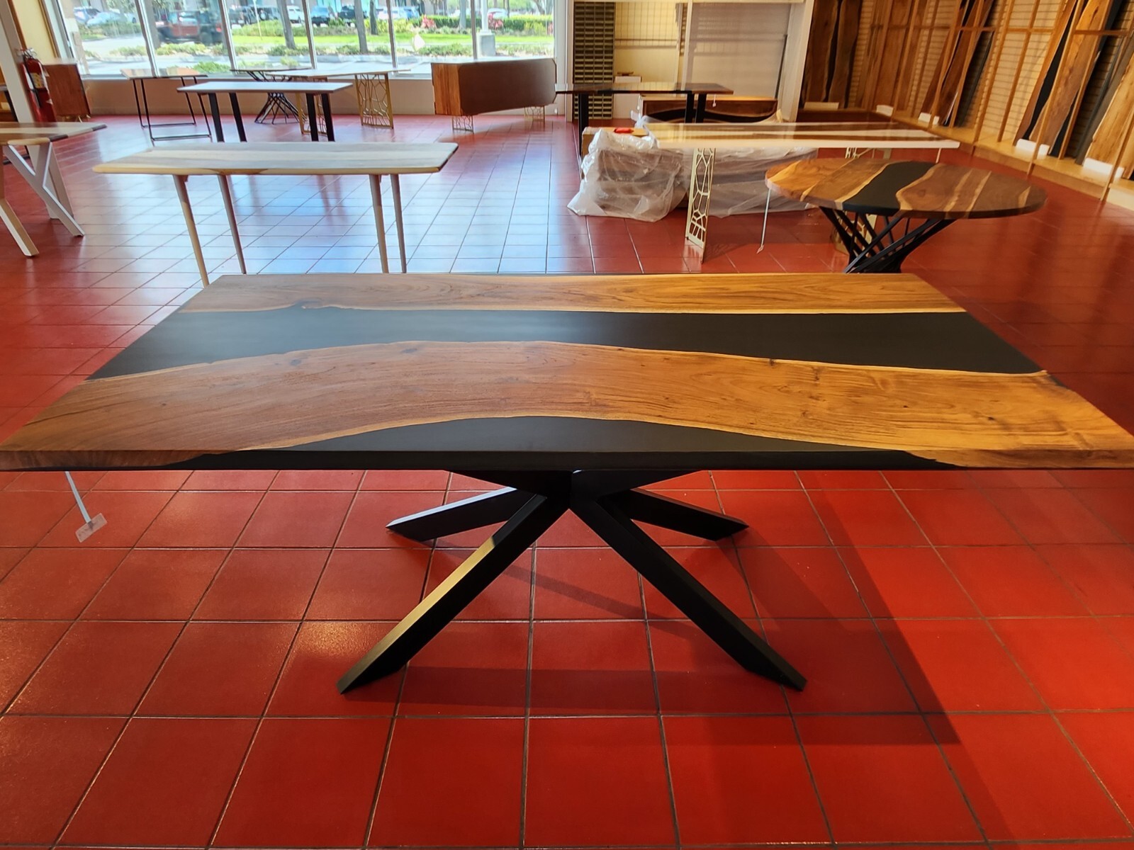 In stock in USA 78"/39" Handmade Dining Table Acacia with Resin Epoxy Black Matt gallery
