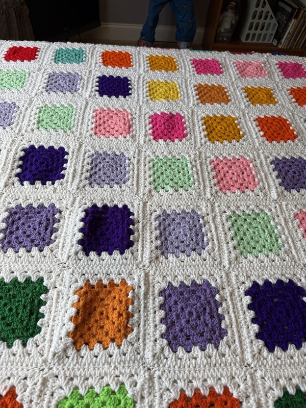 BEAUTIFUL HAND CROCHETED GRANNY SQUARE AFGHAN White Colorful Blocks 75 X 75” gallery