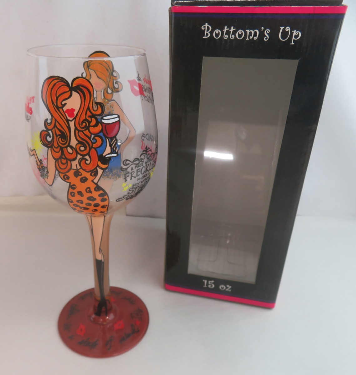 95 and Sunny Bottom's Up Hand Painted Gingerlicious Redhead Wine Glass 15oz gallery