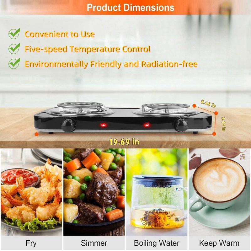 2000W Portable Kitchen Electric Double Burner Hot Plate Cooktop Cooking Stove US gallery
