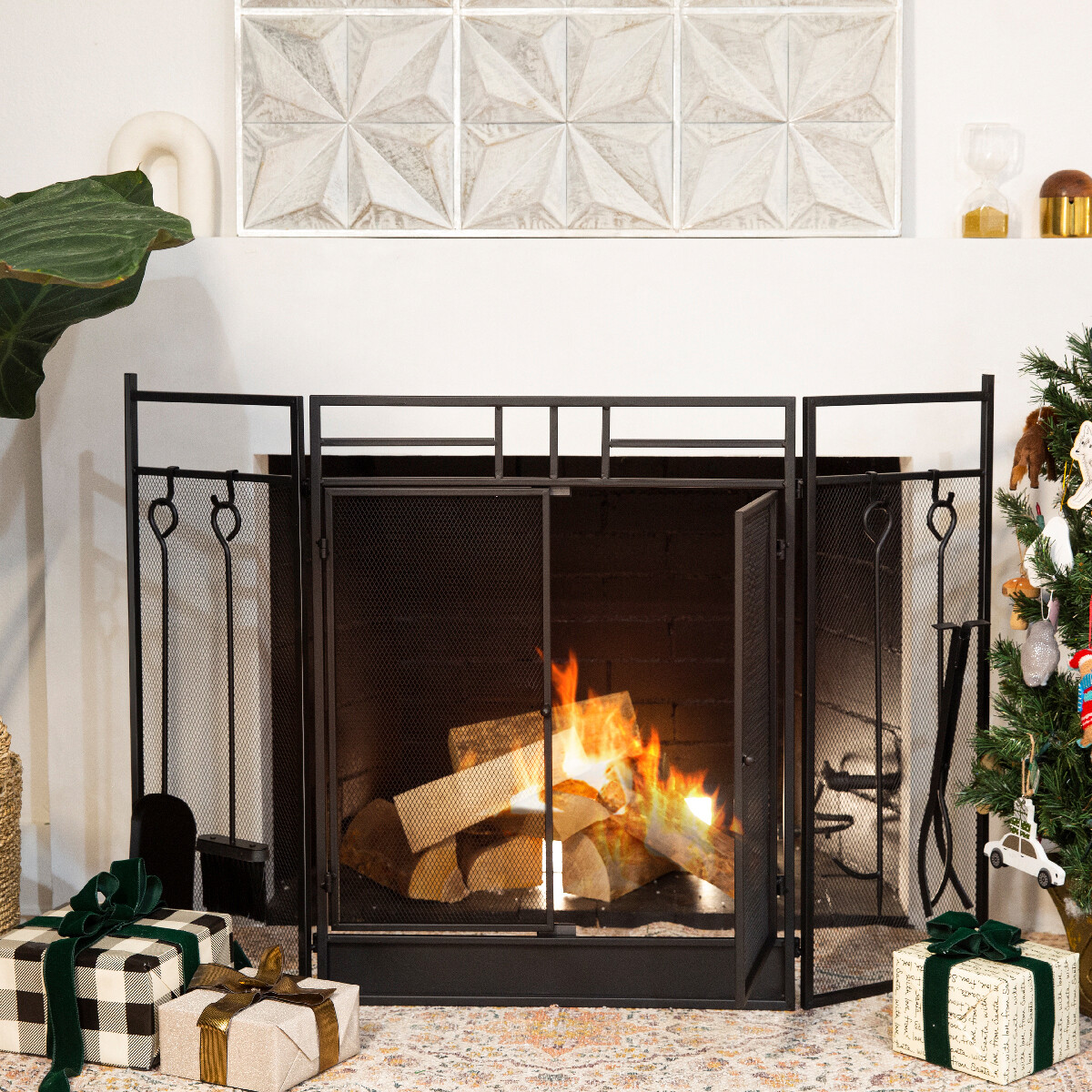 Barton 3-Panel Fireplace Screen Doors Guard With 4-Pieces Fireplace Tools Panels gallery
