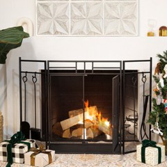 Barton 3-Panel Fireplace Screen Doors Guard With 4-Pieces Fireplace Tools Panels