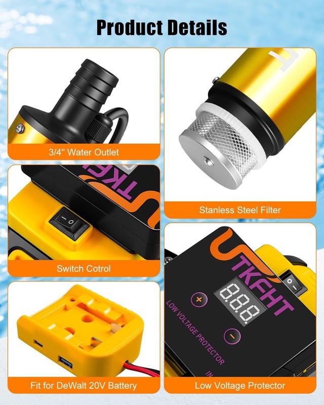 Mini Water Pump Compatible with Dewalt 20V Battery, 500GPH Draw Water Pump with gallery