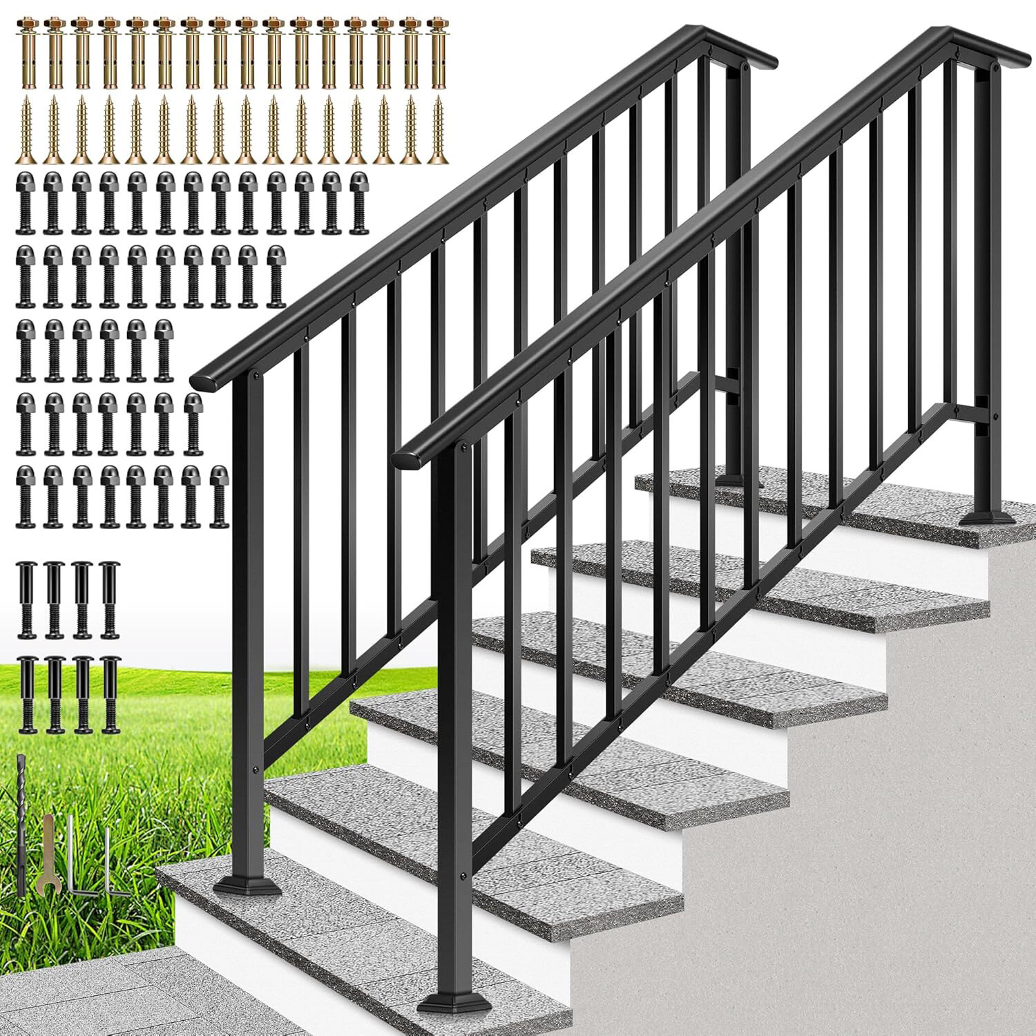 2pcs Wrought Iron Step Handrail Stair Railing for 6 Step Outdoor Deck Hand Rail gallery