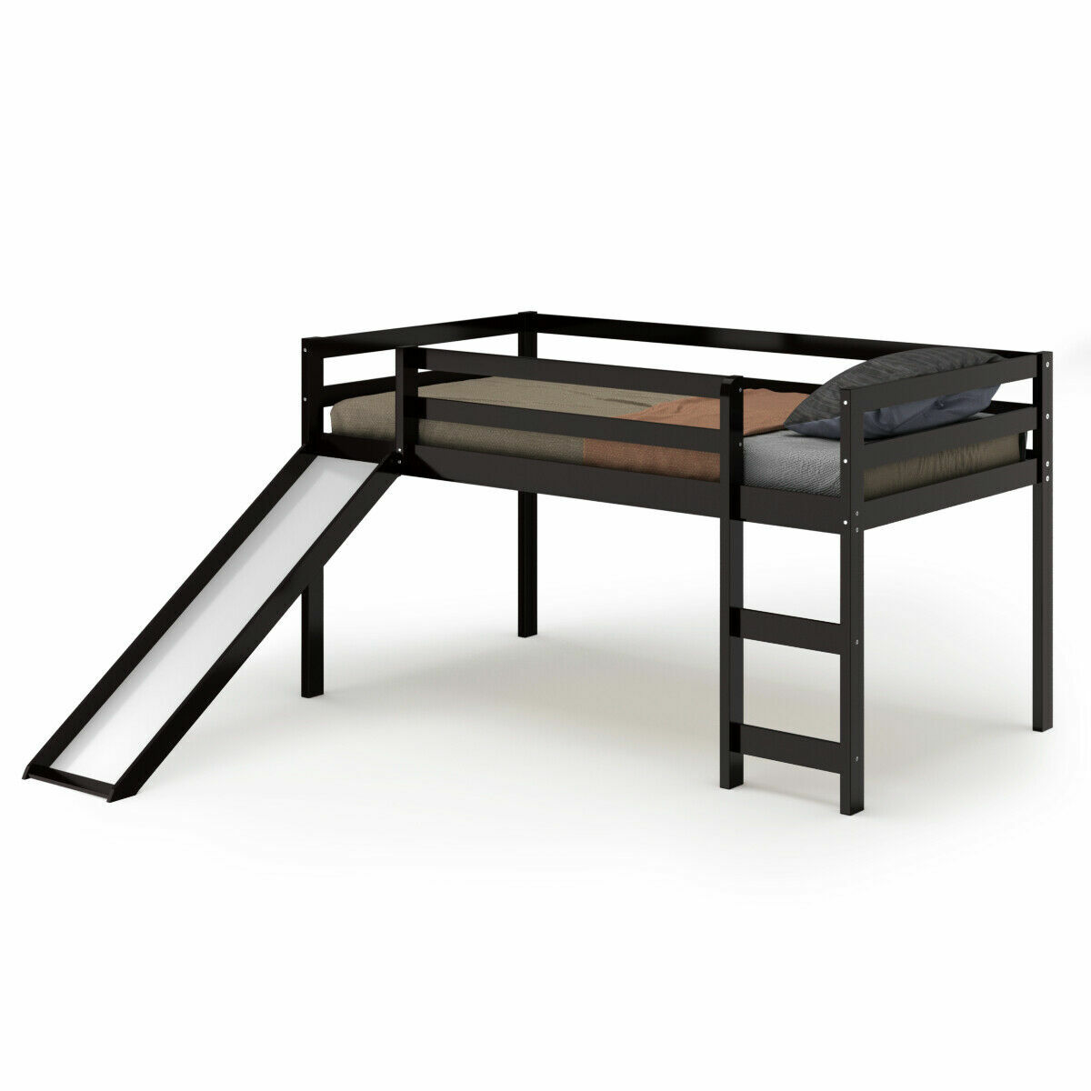 Twin Size Loft Bed with Slide Wood Low Sturdy Loft Bed for Kids Bedroom Espresso gallery