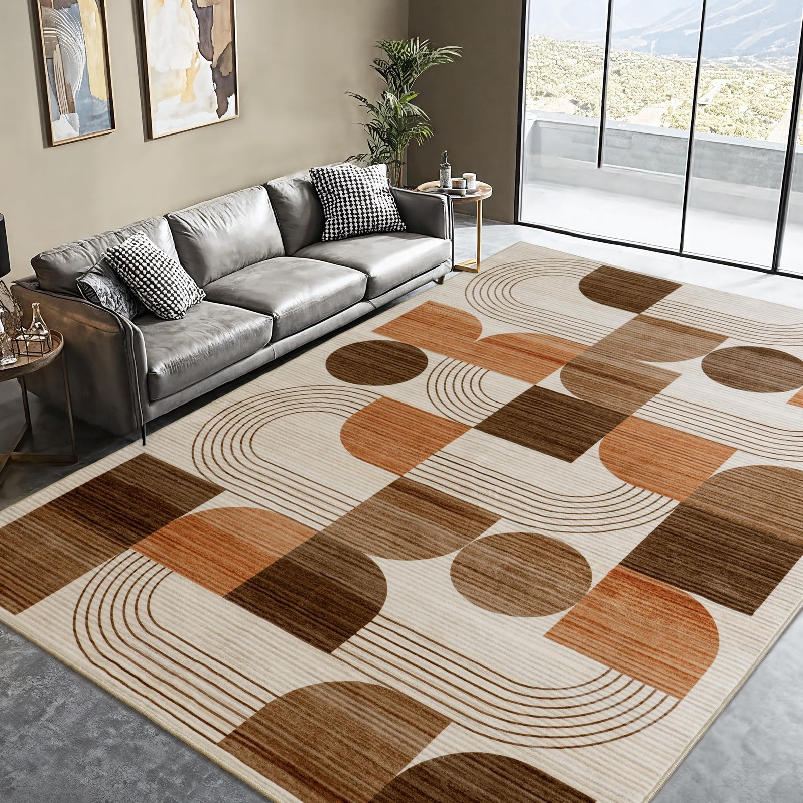 Large Machine Washable 5x7 Area Rug, Soft Modern Geometric Abstract Orange Ru... gallery
