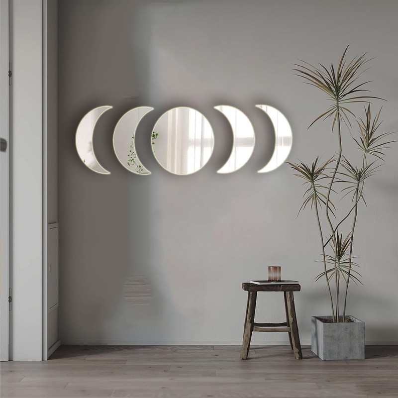 Chic 5-Piece Self-Adhesive Moon Phase Mirrors - Trendy Wall Decor for All Rooms gallery