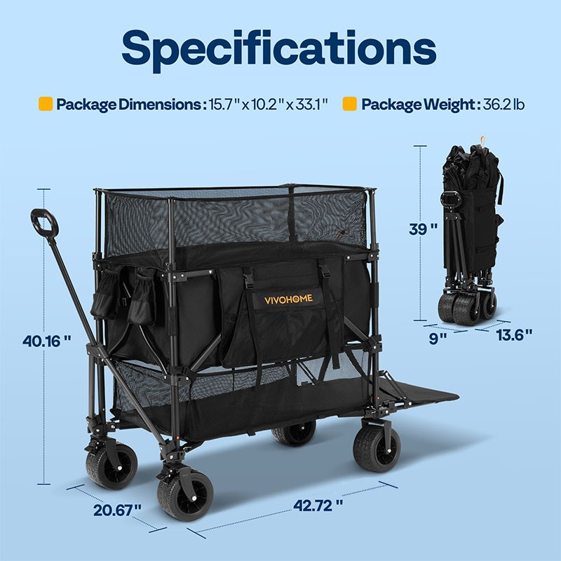 500L Capacity Double Decker Collapsible Wagon 600lbs Utility Cart w/ Big Wheels gallery