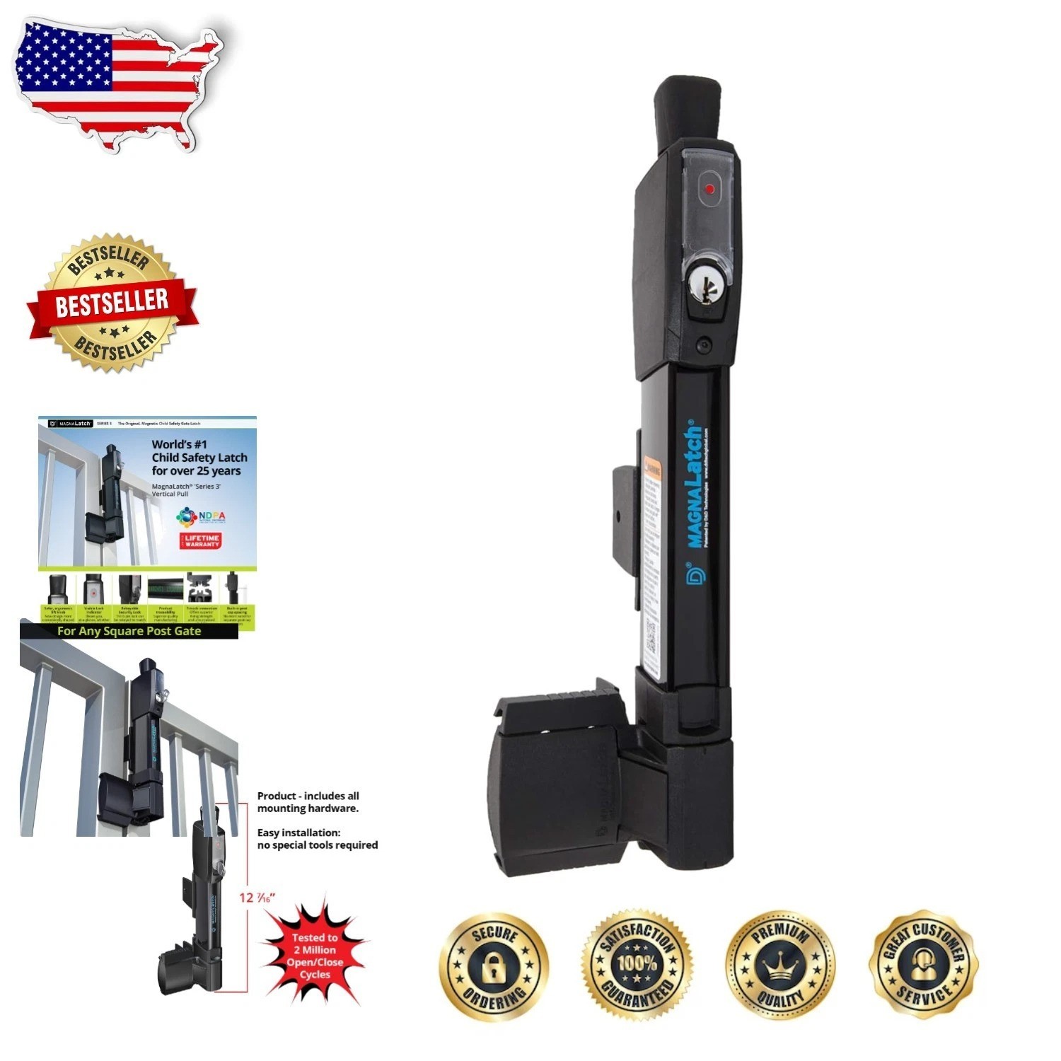 MagnaLatch Vertical Gate Latch 12" Black, Magnetic Lock, Child/Pet Safe, Reke... gallery