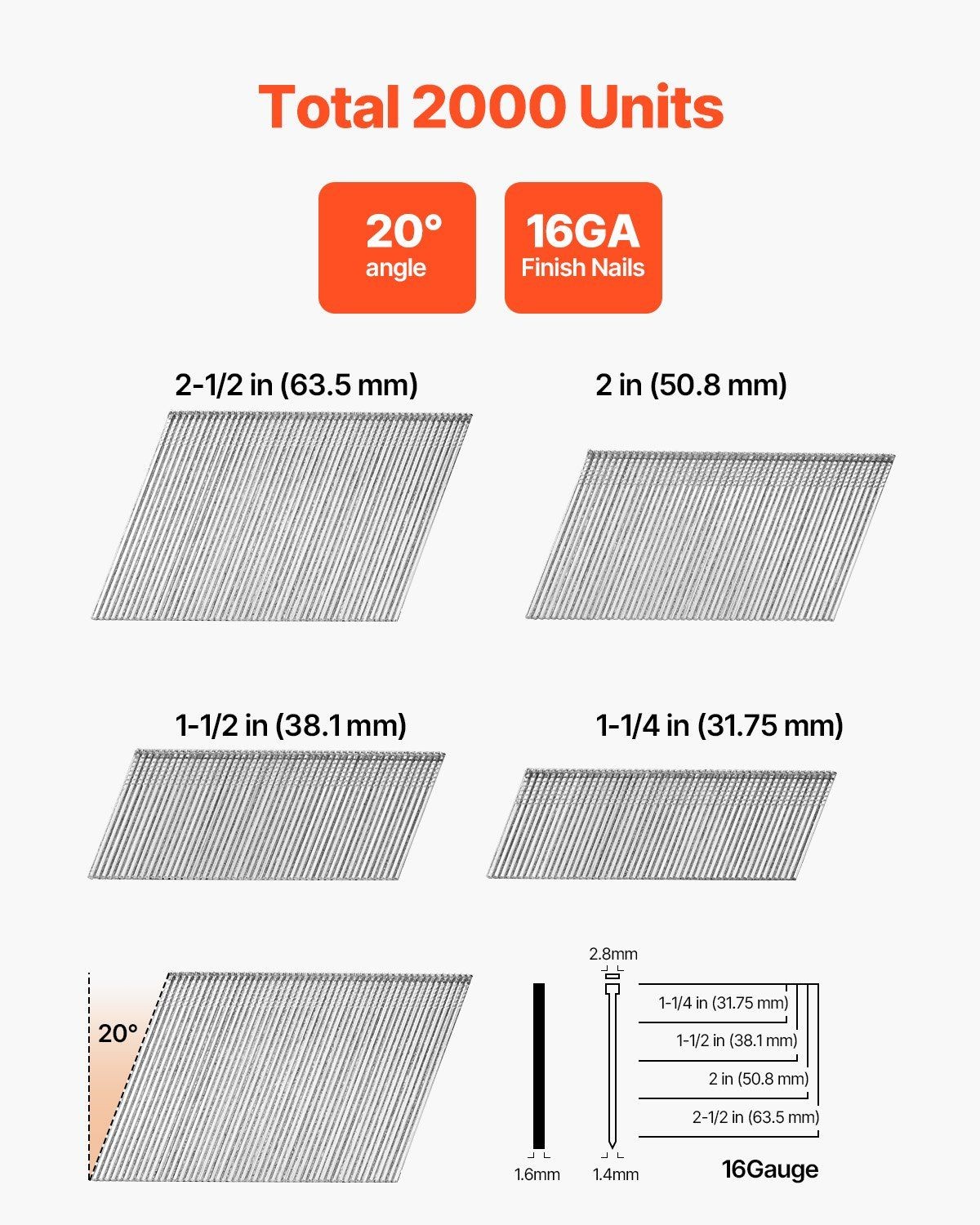 16GA 20-Degree Angled Galvanized Brad Nails 1-1/4in 1-1/2in 2in 2-1/2in 2000ct gallery