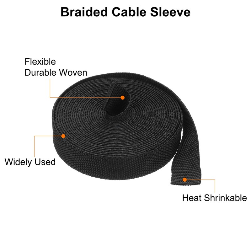 Braided Cable Sleeves , 3/8" 16ft Black PET Heat Shrinkable Cord Protector gallery