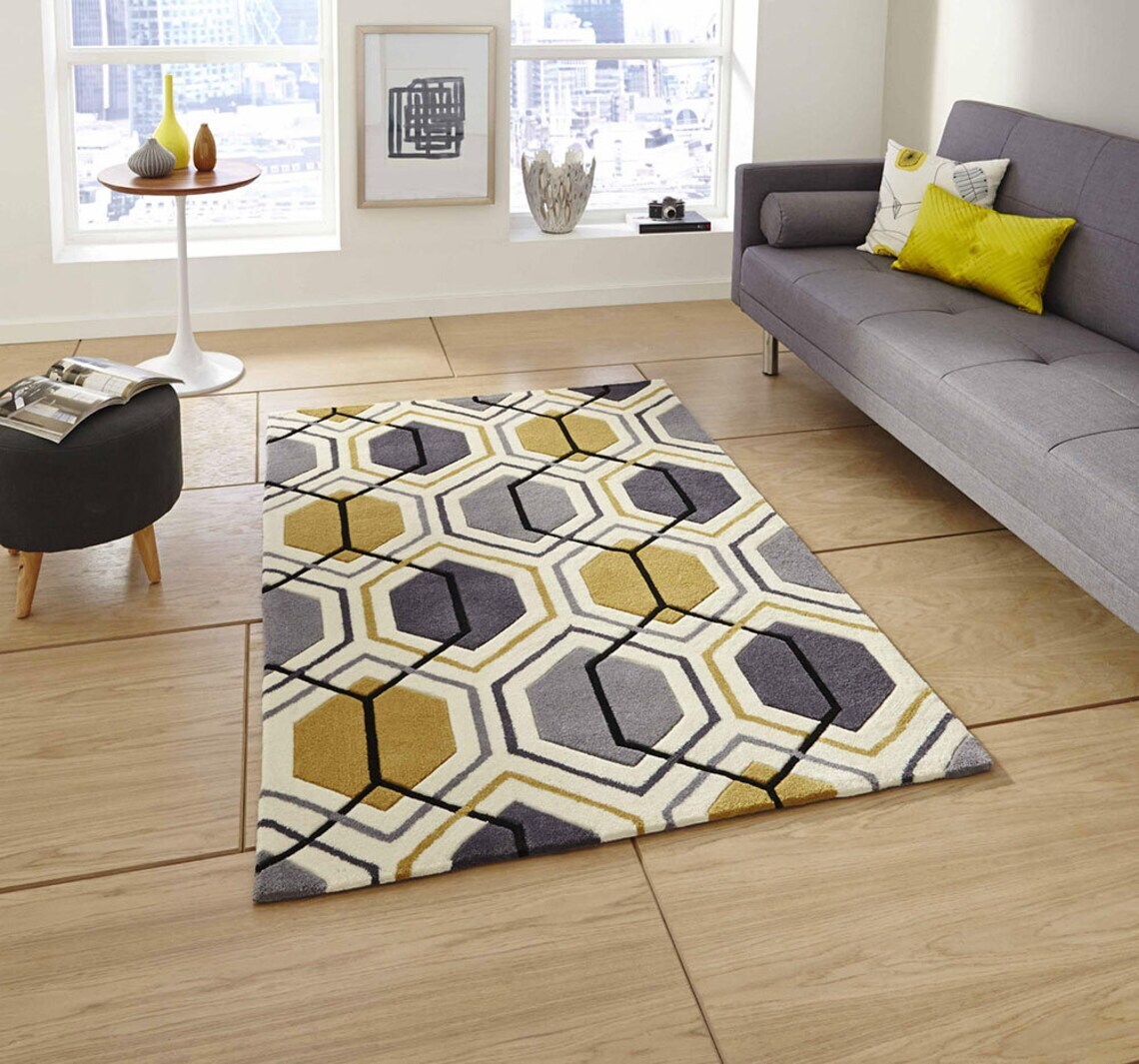 Area Rugs 5' x 8' Kong Geometric Pattern Grey Yellow Hand Tufted Think Rugs gallery
