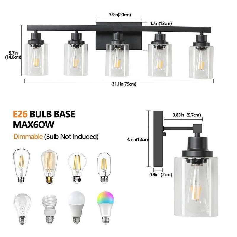 Byteany 31 in. 5-Light Black Vanity Light with Clear Glass Shades gallery