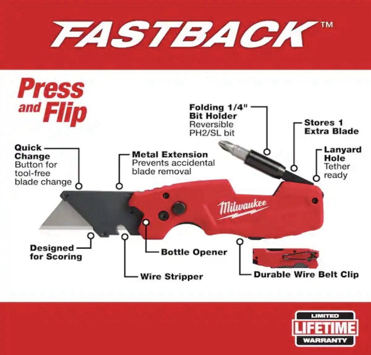 Milwaukee 48-22-1505, Fastback 6-in-1 Utility Knife w/ Folding Bit Holder gallery