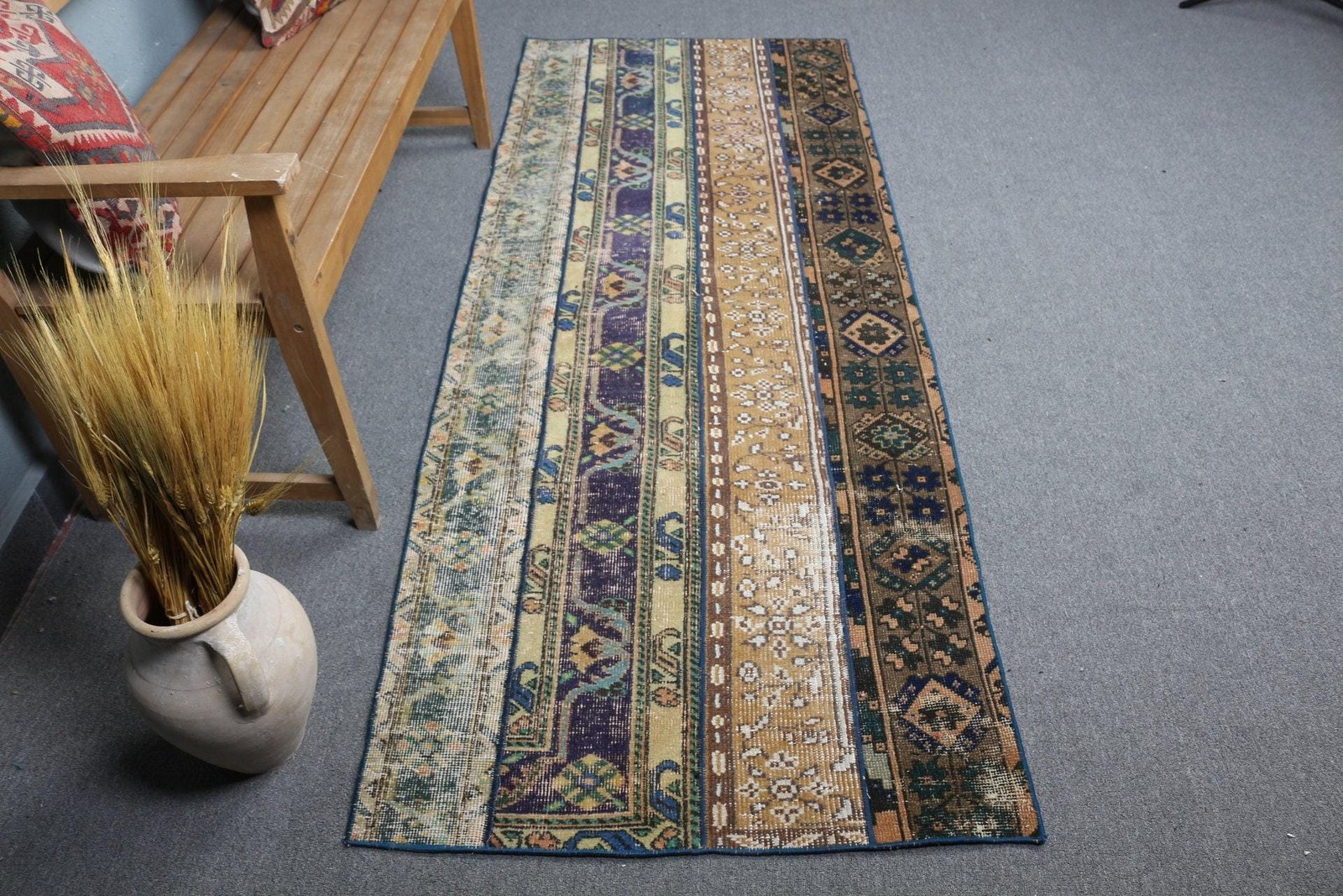 Vintage Runner Rug 2,9x7,6 ft, Blue Check Turkish Wool Rug gallery