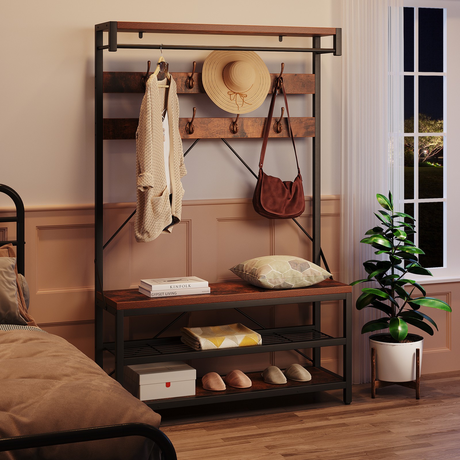 Metal + Particleboard Hallway coat rack and shoe bench Coat rack with bench gallery