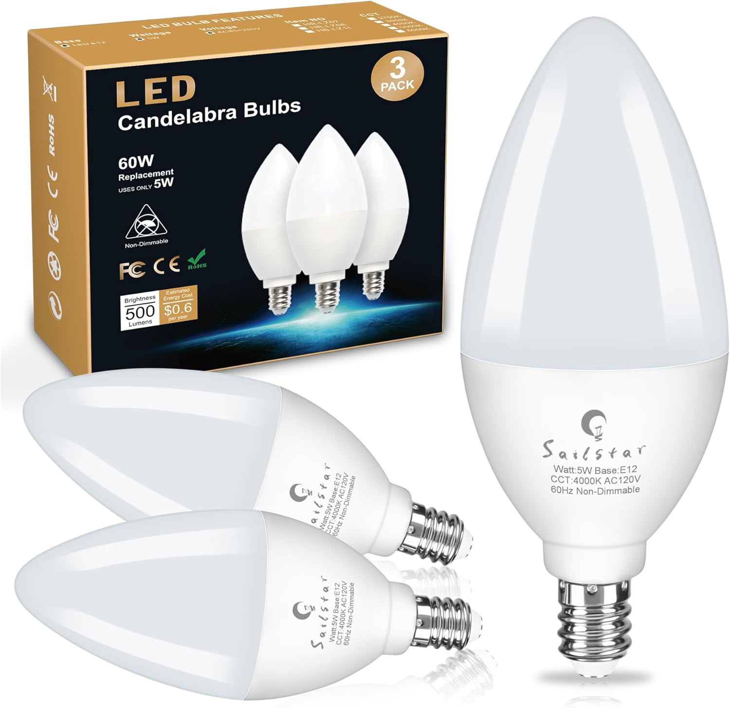 Candelabra Light Bulbs 60 Watt Equivalent, 4000K Natural Daylight, 5W E12 Small gallery