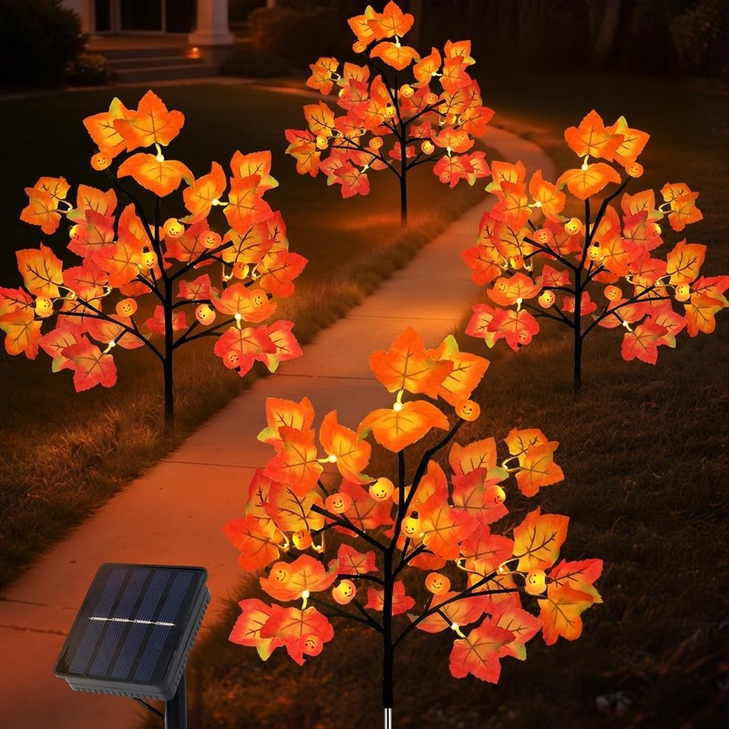 4 Packs Solar Maple Leaf Pumpkin Lights for Fall Decorations Outdoor, 80LED F... gallery