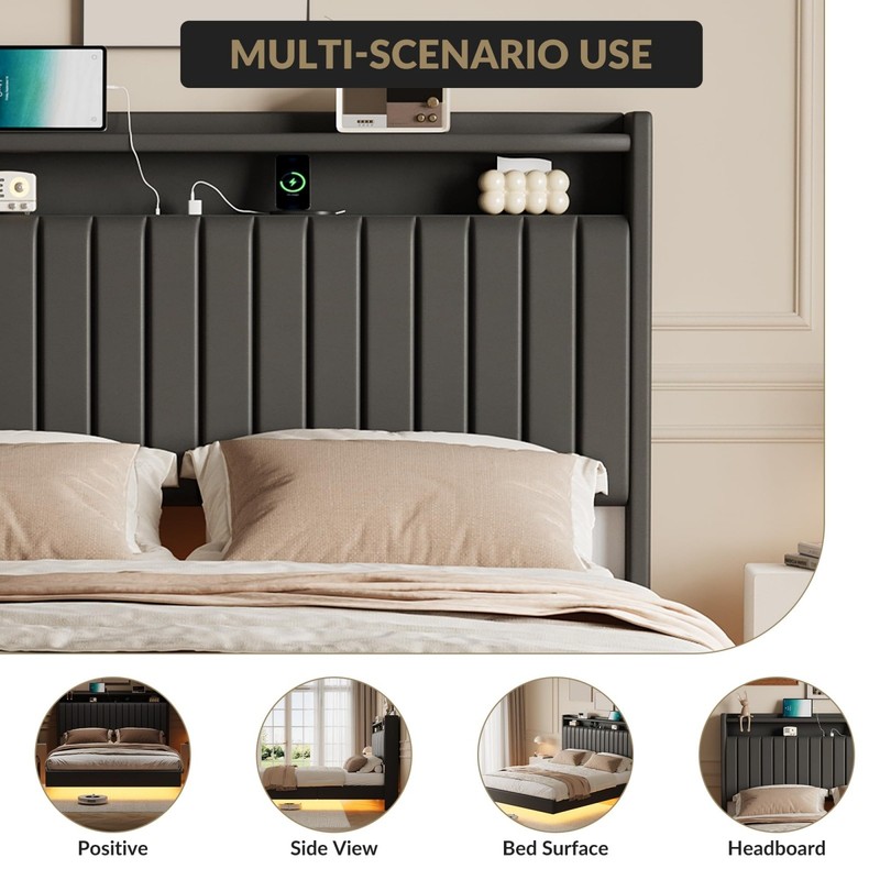 Queen Size Floating Bed Frame with LED Lights Adjustable Upholstered Headboard gallery