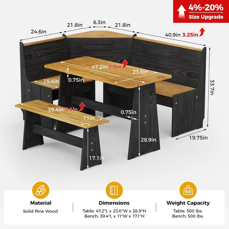 Solid Wood Corner Dining Table Set L Shape Bench Kitchen Nook 4-6 gallery