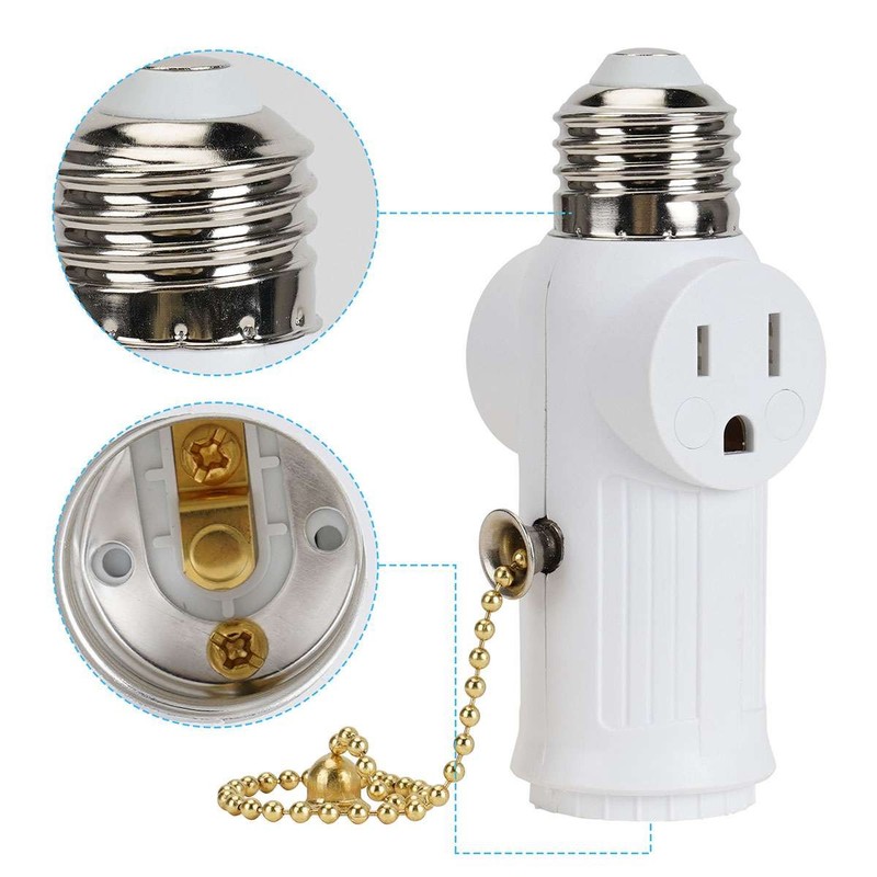 E26/E27 Light Bulb Socket Adapter With 2 AC Outlet Plug And Pull Chain Switch gallery