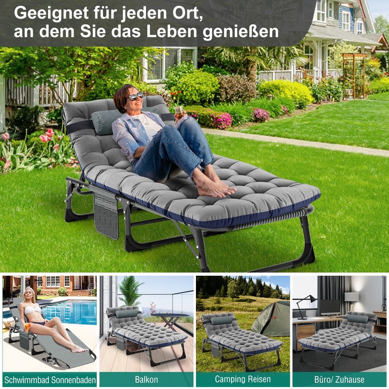 NAIZEA Camping Cot 4 Gears Adjustable Folding Chaise Chair Bed w/Mattress Pillow gallery