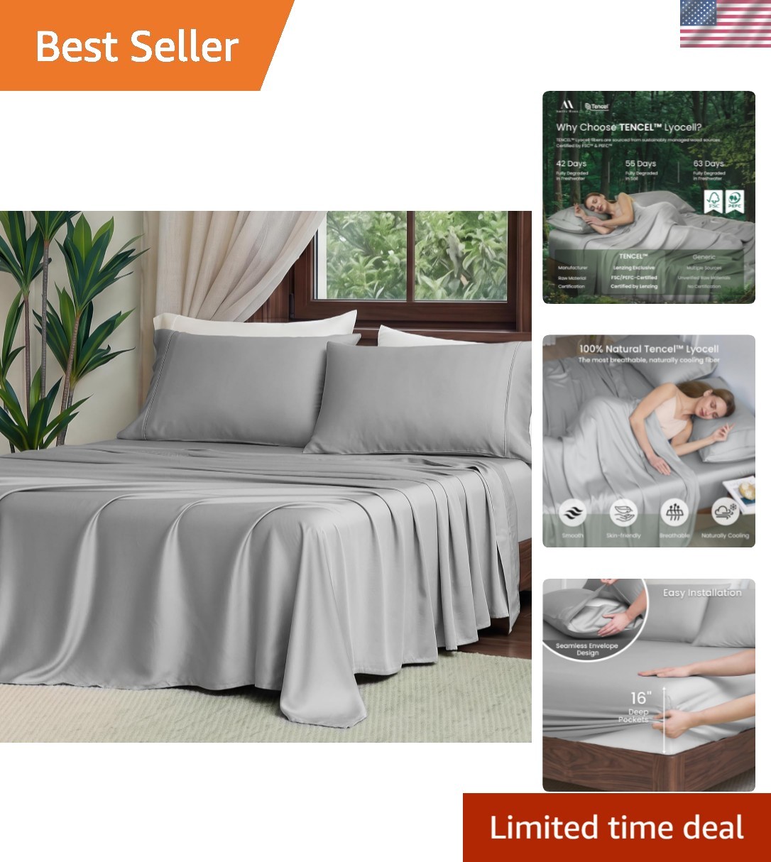 100% Tencel Lyocell Sheet Set King Size 4 Pieces, Silky Soft Breathable Cooli... gallery