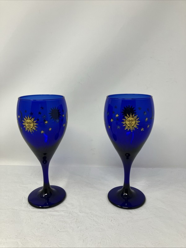 2 Libbey Cobalt Blue Celestial Sun Moon Stars Wine Water Glass Goblet Glass 7.5” gallery