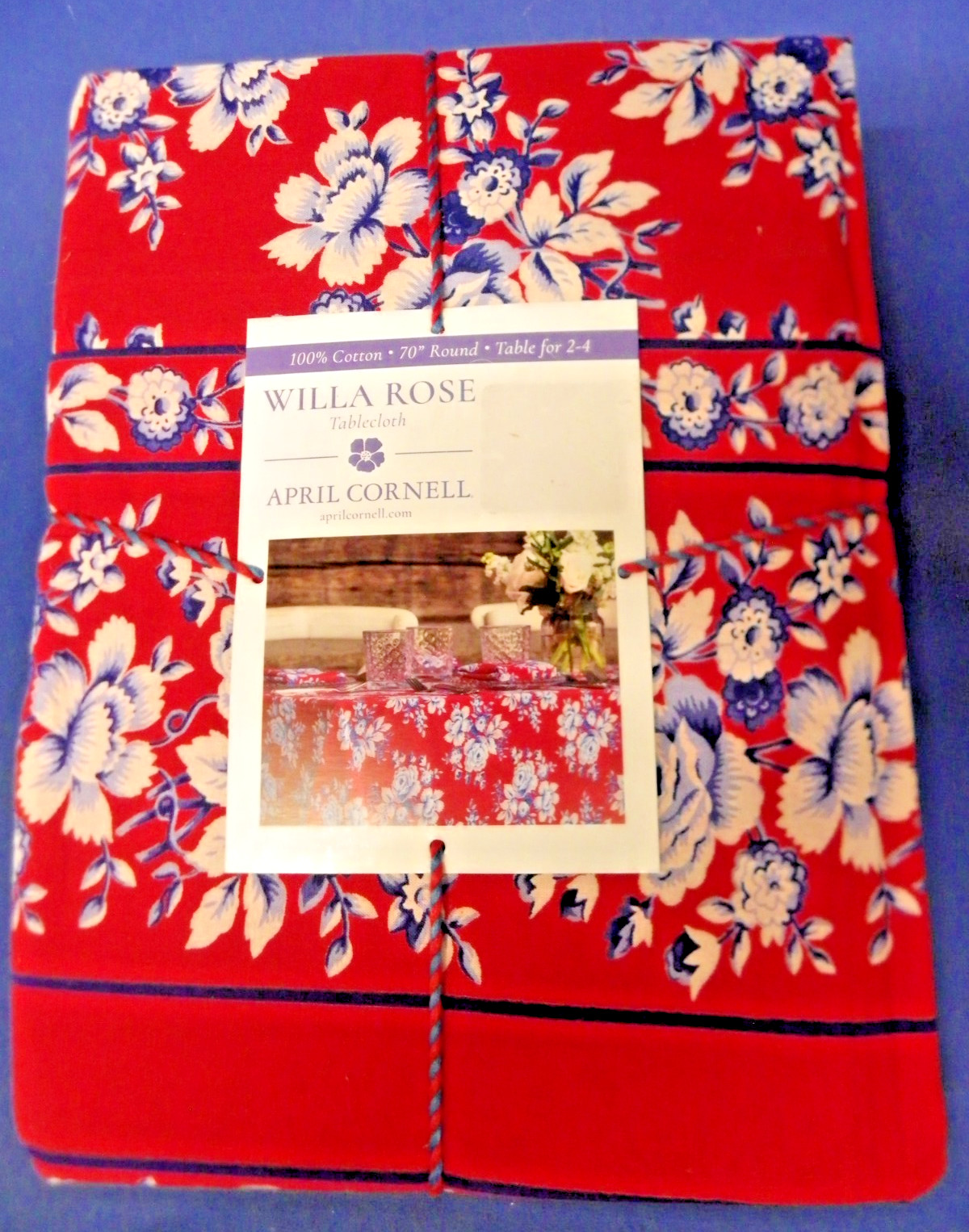 NWT April Cornell Tablecloth 70" Round WILLA ROSE Red, White, Blue 100% Cotton gallery