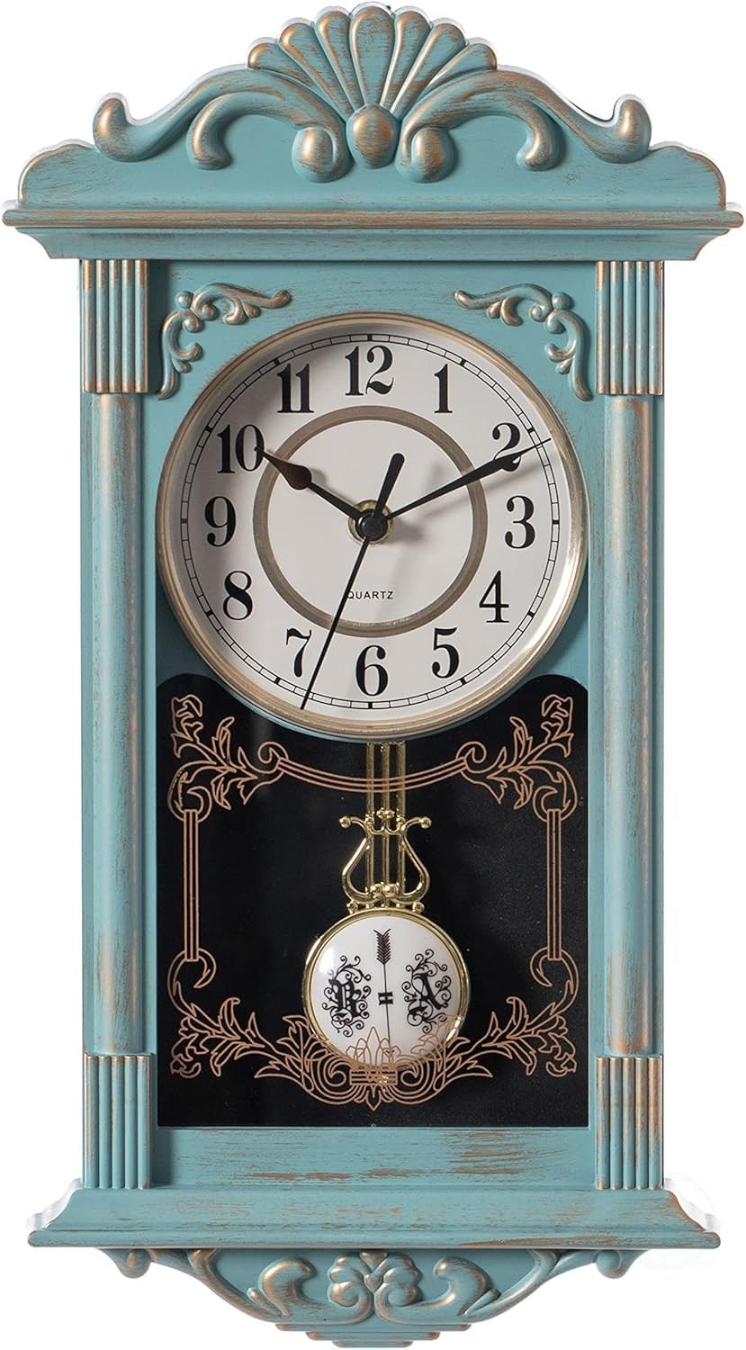 Vintage Grandfather-Style Wall Clock with Wood-Effect Plastic Pendulum Battery-O gallery