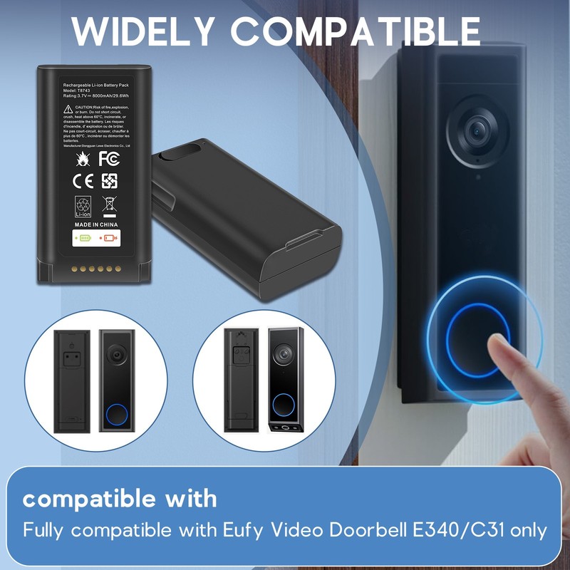 8000mAh Battery for eufy E340/C31 Video Doorbell Rechargeable With USB-C Cable gallery