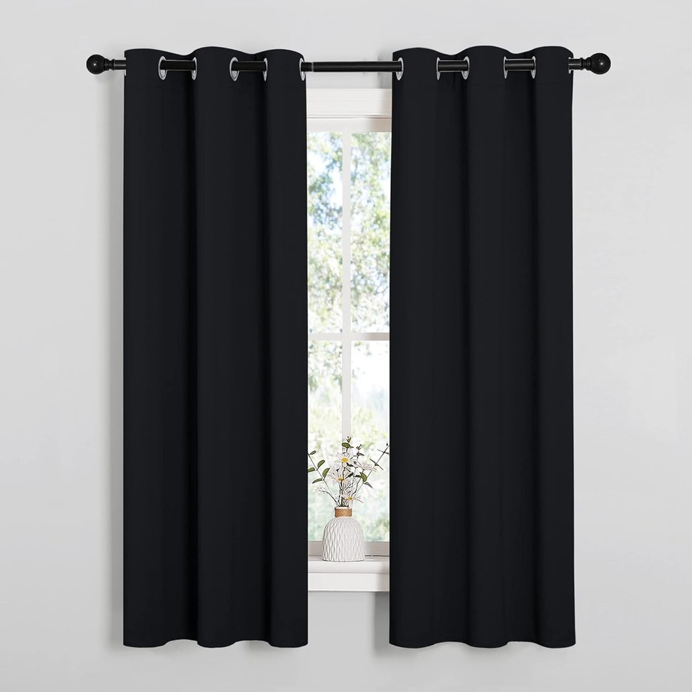 2 PCS Black 63"L x 34"W Solid Grommet Darkening Privacy Curtains For Bedroom