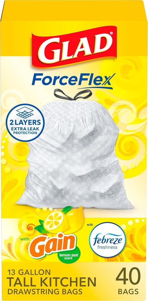 Glad ForceFlex Tall Kitchen Drawstring Trash Bags, 13 Gal, Gain Lemon Zest, 40