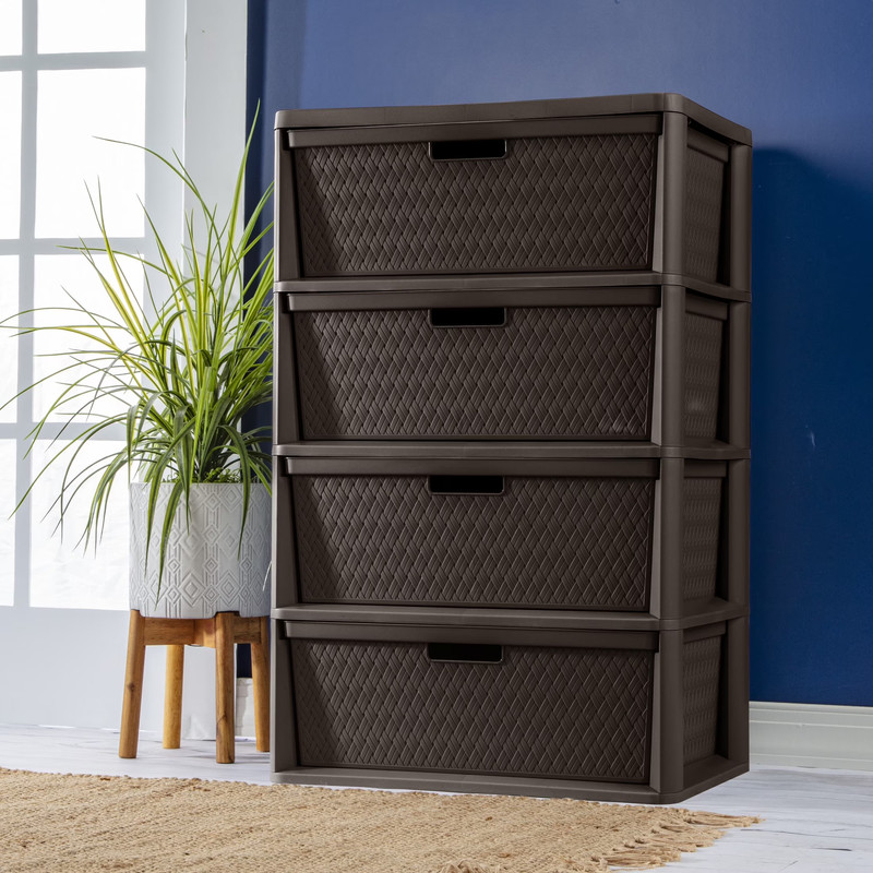 Wide 4 Drawer Tower, Plastic Storage Organizer with Removable Decorative Bins, E gallery