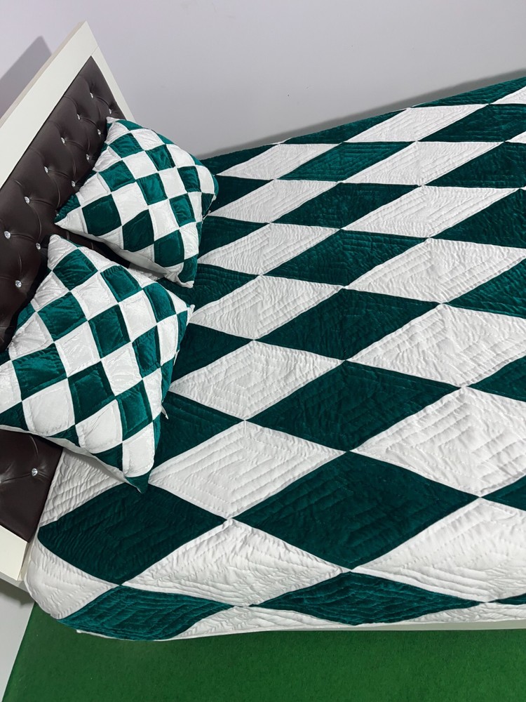 Checked Pattern Handmade Quilt Velvet Bedspread Comforter Bedding Quilt