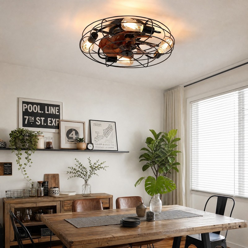 20'' Caged Ceiling Fan with Light Low Profile Flush Mount Remote Control Black gallery