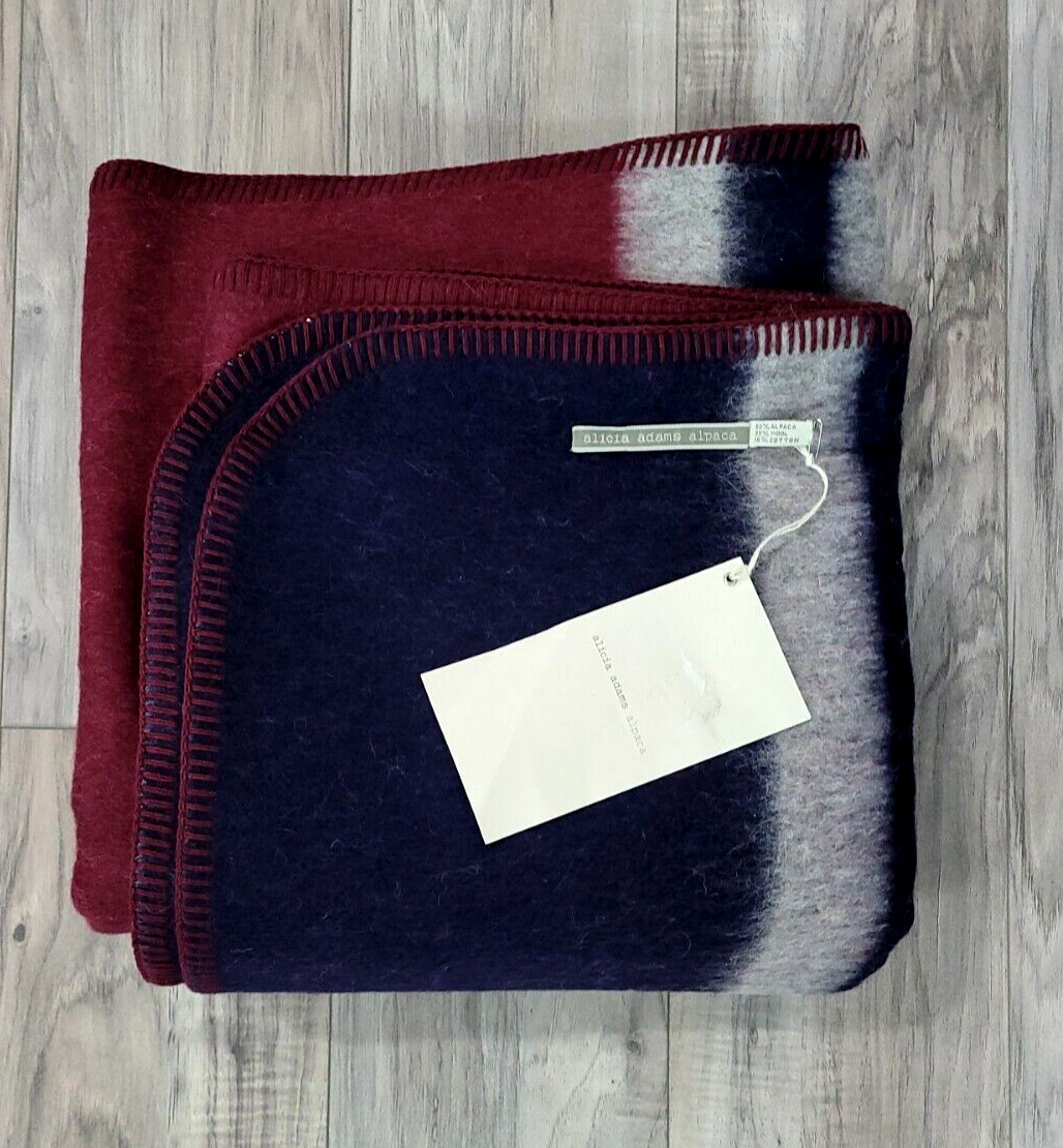 NWT Alicia Adams Alpaca Wool Blend Navy Blue Maroon Throw Field Blanket 71 x 51 gallery