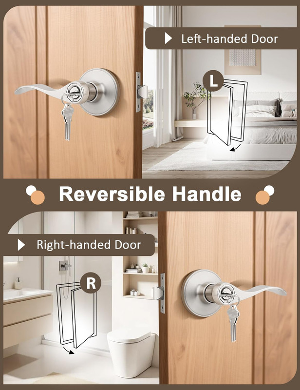 5 Pack Keyed Entry Lever with Same Key, Satin Nickel Wave Door Handle Set, Exter gallery